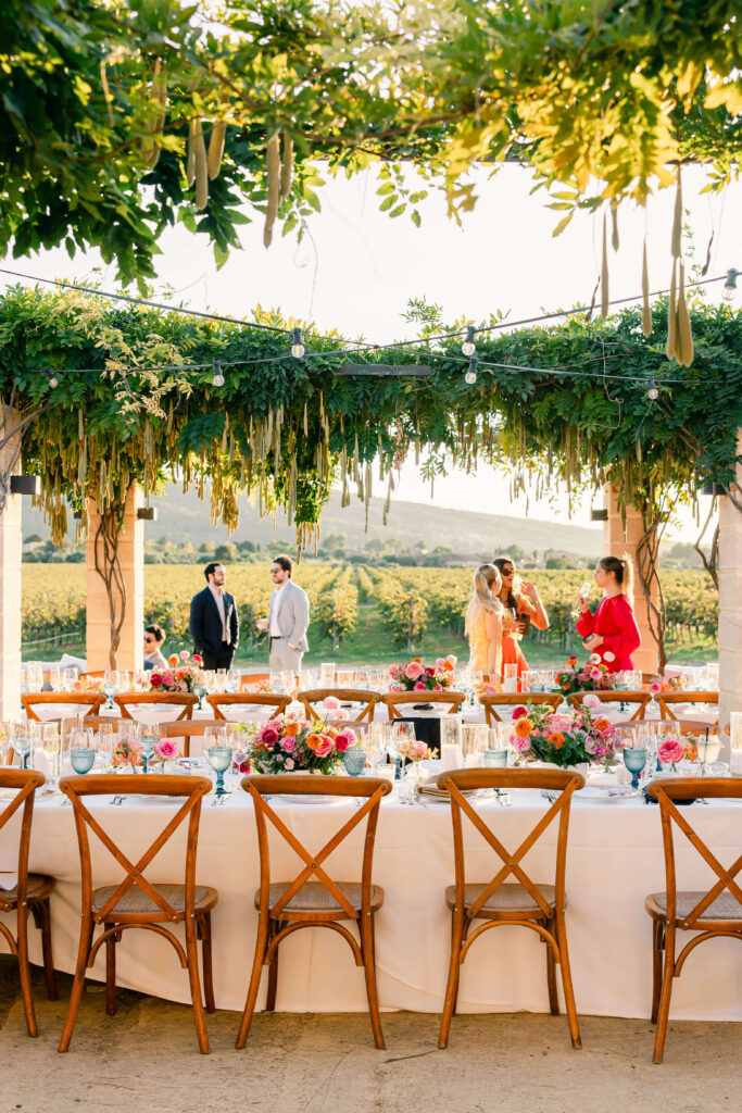 Pre-wedding wine tasting event at Mallorca vineyard with the wedding couple and guests